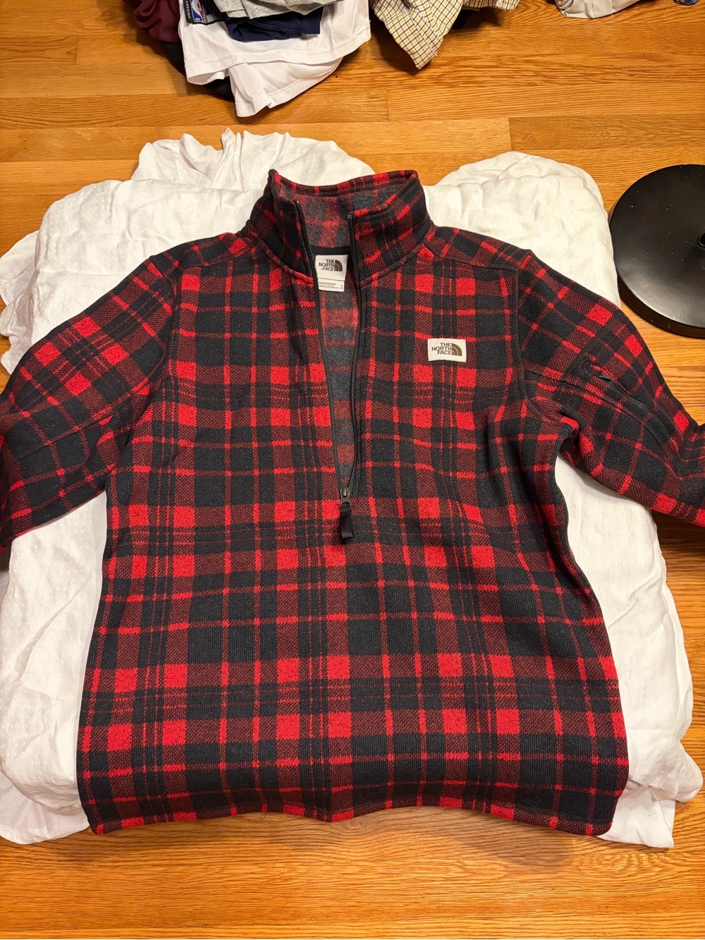 The North Face Men’s Red and Black Plaid Quarter-Zip Fleece